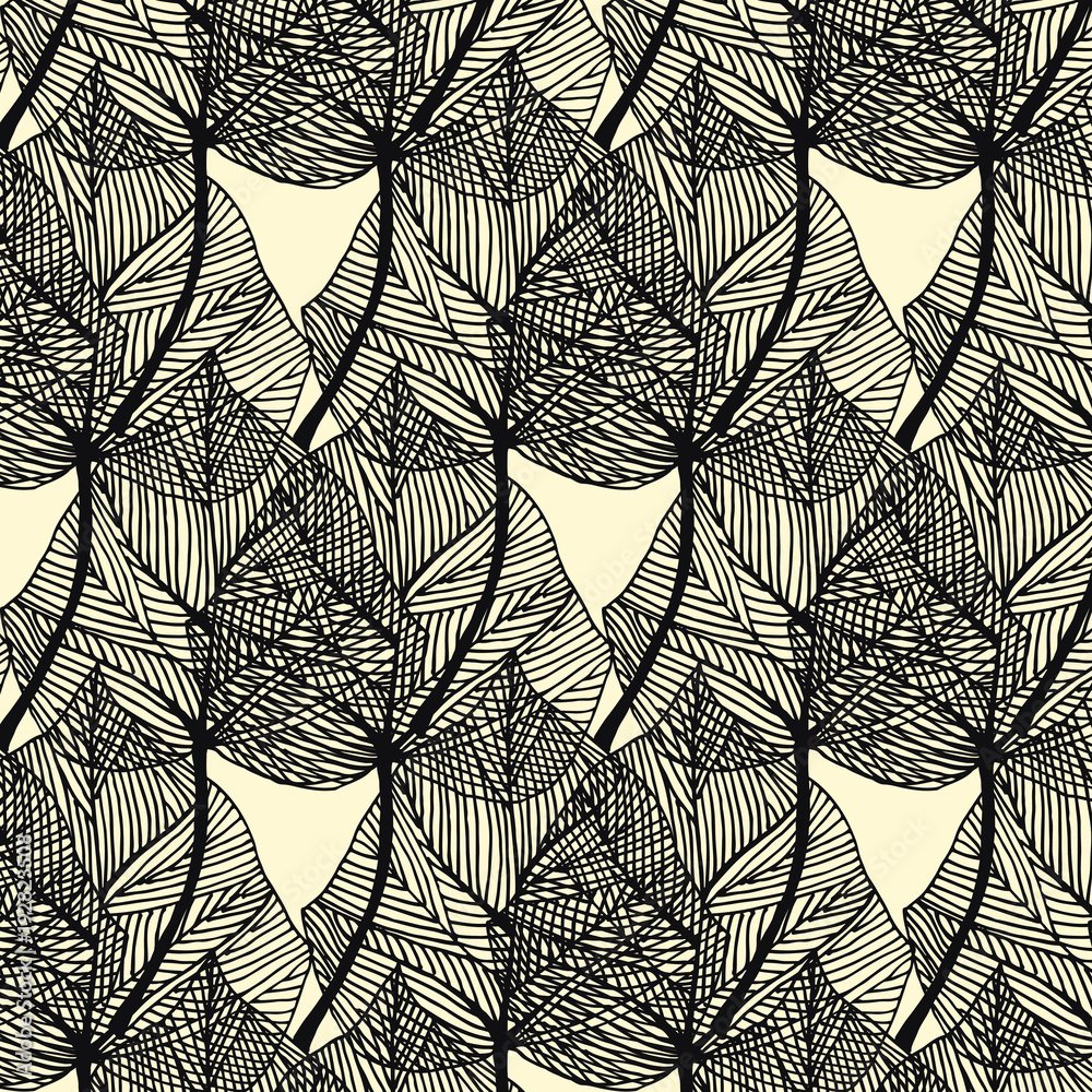 Hand drawn Ivy leaves overlap vector pattern in yellow and black colors palette