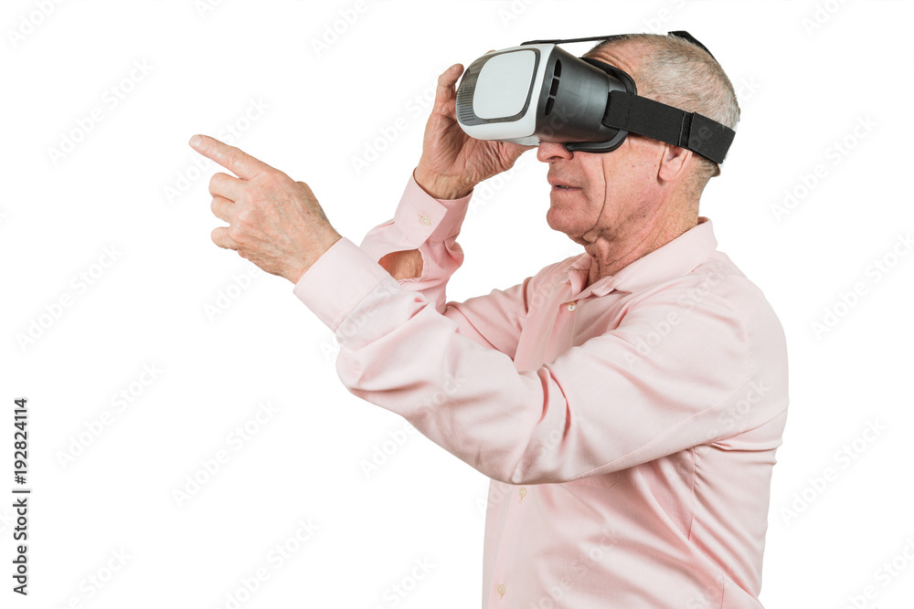Grandfather is looking at the VR sunglasses, gestures with his hands, isolated on a white background. Grandfather is looking at the VR sunglasses, gestures with his hands, isolated on a white background.