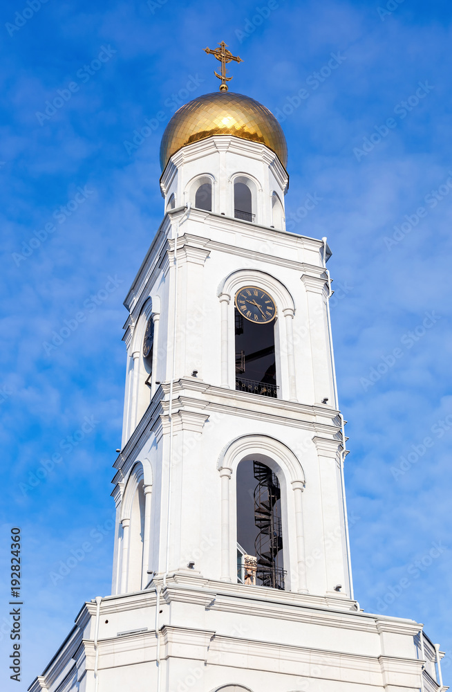 Russian orthodox church. Bell tower of the Iversky monastery in Samara, Russia Russian orthodox church. Bell tower of the Iversky monastery in Samara, Russia