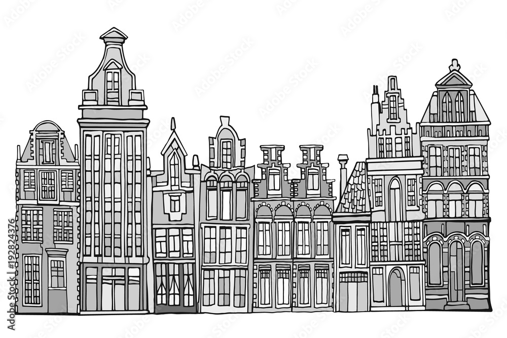 Fictional Dutch houses skyline. Abstract doodle background. Hand drawn.