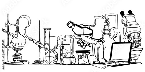 Chemistry or physics abstract fantasy laboratory black line art vector illustration featuring microscopes, flasks, beakers, pipes and laptop. Hand drawn.