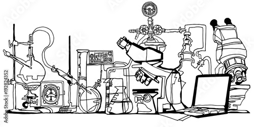 Chemistry or physics abstract fantasy laboratory black line art vector illustration featuring microscopes, flasks, beakers, pipes and laptop. Hand drawn.