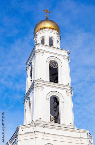 Russian orthodox church. Bell tower of the Iversky monastery in Samara, Russia