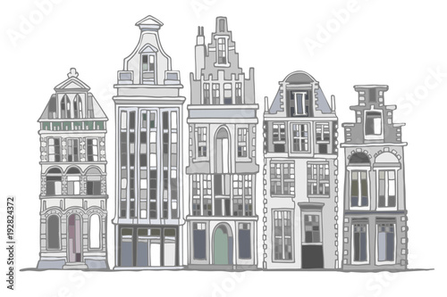 Fictional Dutch houses skyline. Abstract doodle background. Hand drawn.