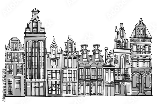 Fictional Dutch houses skyline. Abstract doodle background. Hand drawn.
