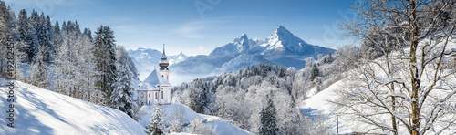 Church of Maria Gern with Watzmann in winter, Berchtesgadener Land, Bavaria, Germany