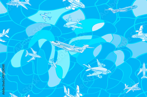 Vector seamless pattern with fantasy airplanes, clouds, sun, stars and destinations. Abstract travel or holidays blue background. Hand drawn.