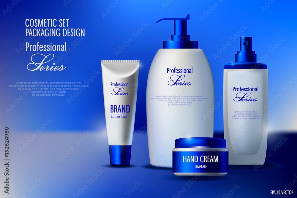 Realistic cosmetics, illustration of cosmetics for promoting premium products, hair shampoo, soap and hand cream Realistic cosmetics, illustration of cosmetics for promoting premium products, hair shampoo, soap and hand cream