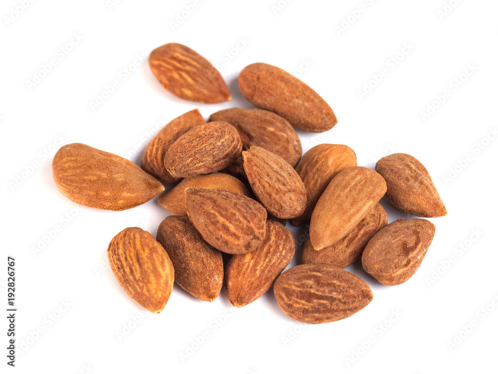 heap of brown roast almonds on white background heap of brown roast almonds on white background