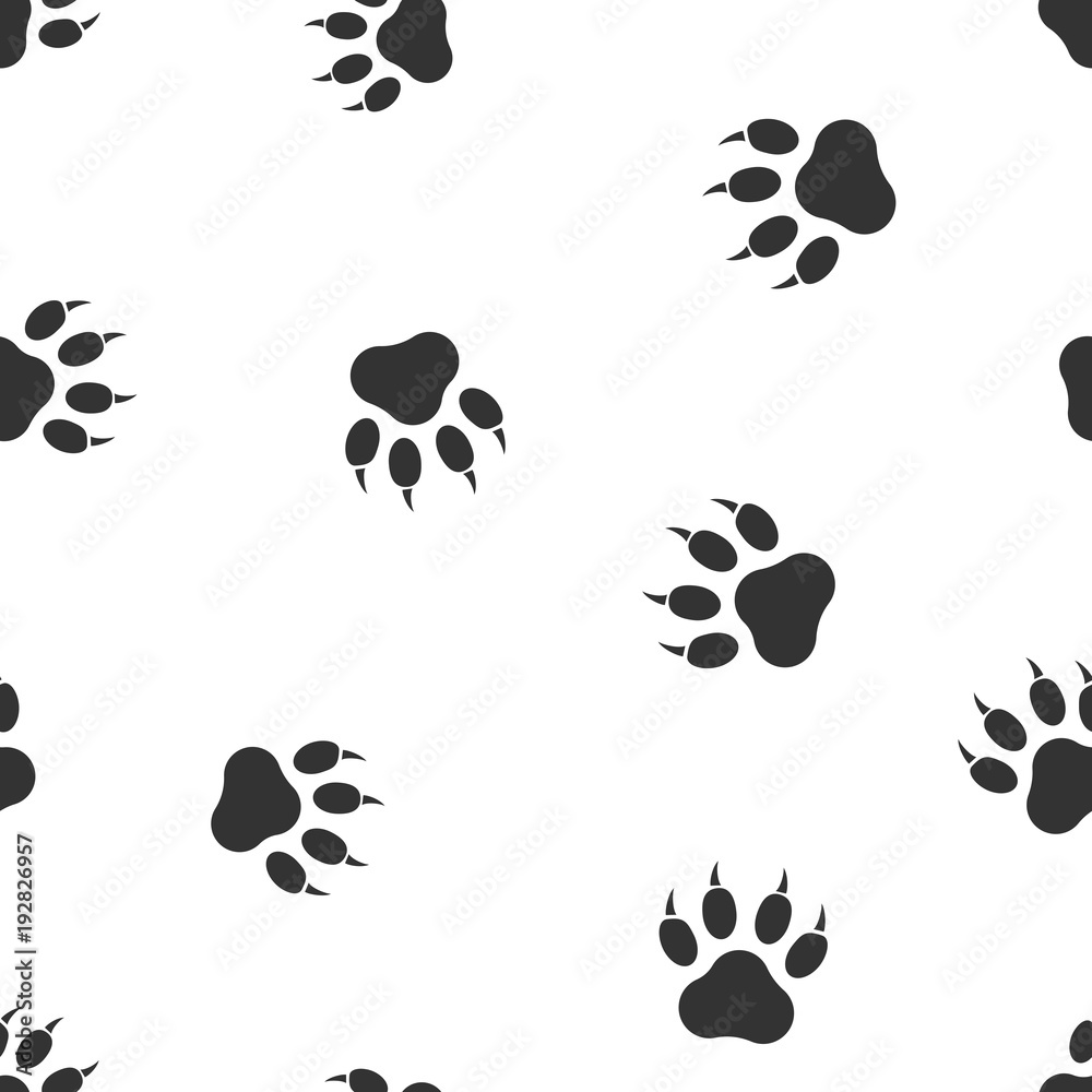 Paw print icon seamless pattern background. Business flat vector illustration. Dog, cat, bear paw sign symbol pattern. Paw print icon seamless pattern background. Business flat vector illustration. Dog, cat, bear paw sign symbol pattern.