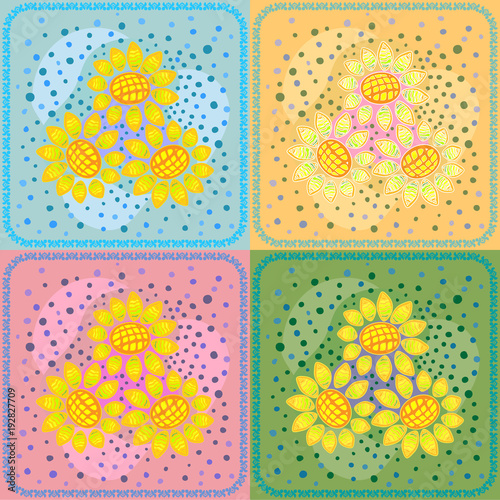 Sunflowers.Decorative floral background, geometric sketch of doodle with ornate lace frame. Seamless pattern tiles. Tribal ornament. Bandana shawl, table cloth printing, silk neck scarf, shawl design