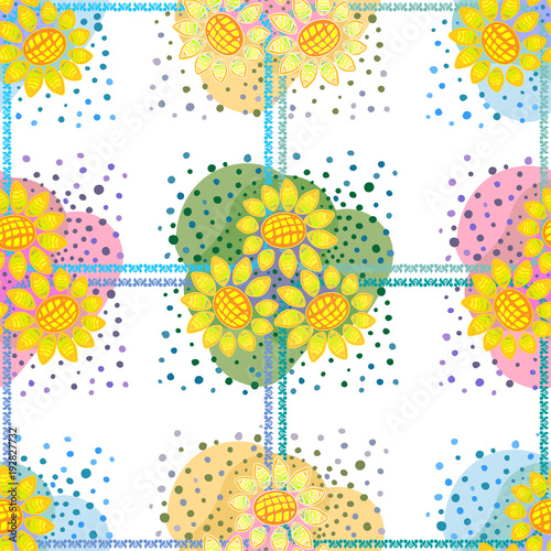Sunflowers.Decorative floral background, geometric sketch of doodle with ornate lace frame. Seamless pattern tiles. Tribal ornament. Bandana shawl, table cloth printing, silk neck scarf, shawl design