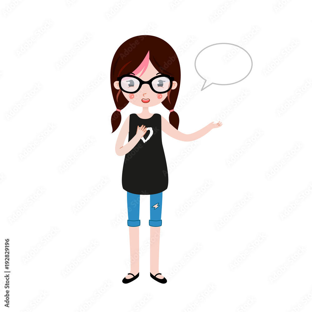 Cute teen girl with empty frame. Place for your text. Adorable vector character.