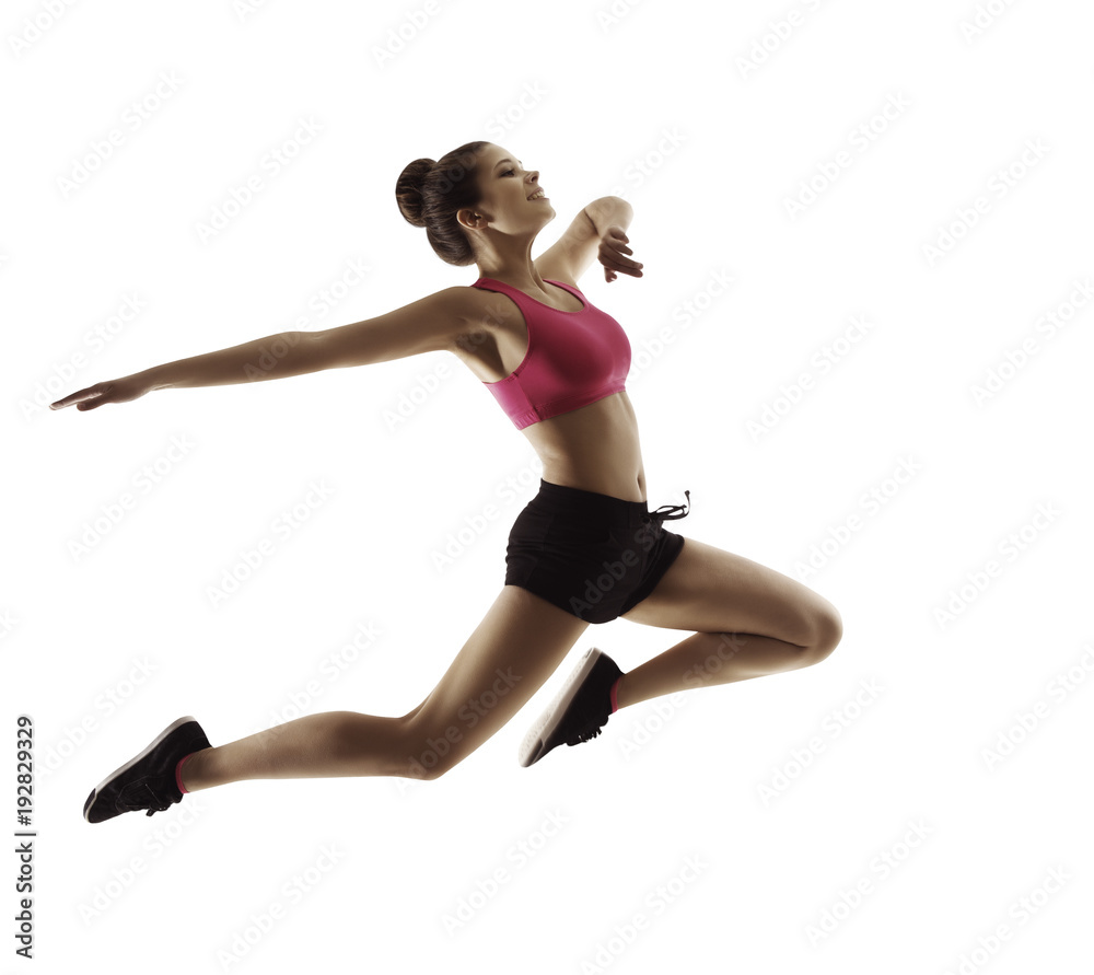 Jumping  Sport Woman, Happy Fitness Girl in Jump, Active People Isolated on White Background