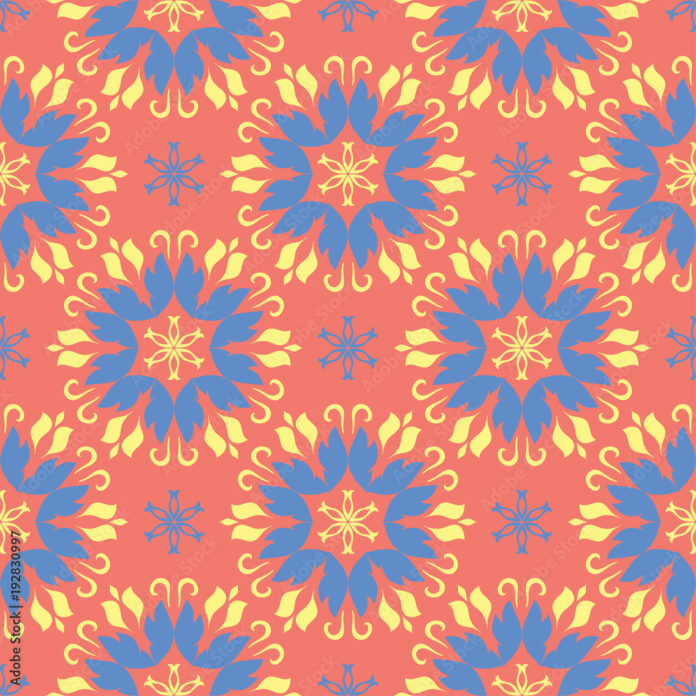 Floral seamless pattern. Bright pink orange background with yellow and blue flower elements