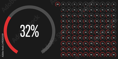 Set of circular sector percentage diagrams from 0 to 100 ready-to-use for web design, user interface (UI) or infographic - indicator with red