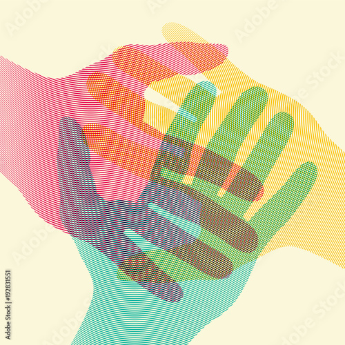 Overlapping colorful hands concept poster. Vector illustration.