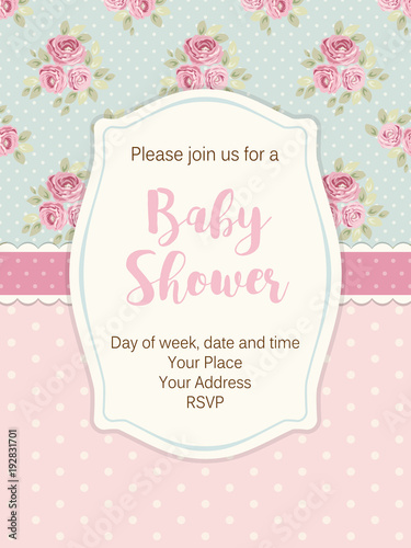 Cute shabby chic frame on roses and polka dots background