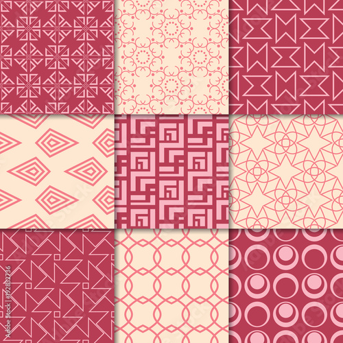 Cherry red and beige geometric ornaments. Collection of seamless patterns