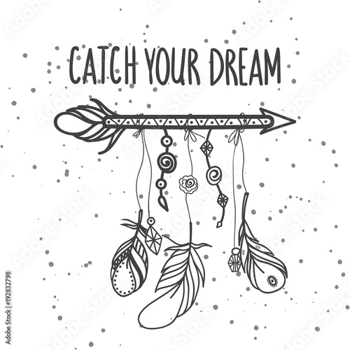 Hand drawn arrow with feathers in boho style.