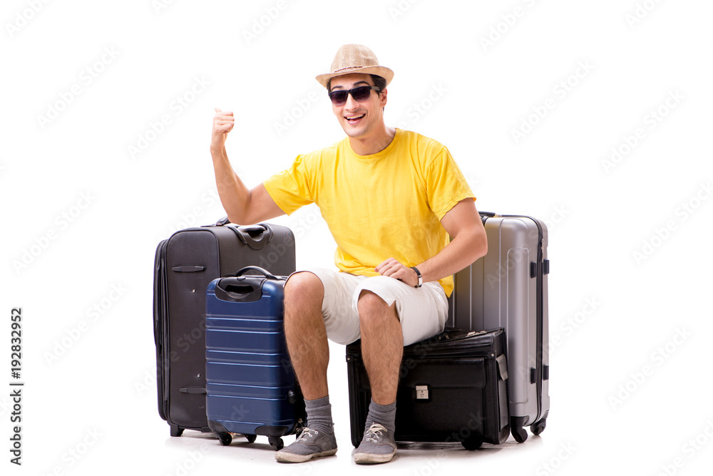 Happy young man going on summer vacation isolated on white Happy young man going on summer vacation isolated on white