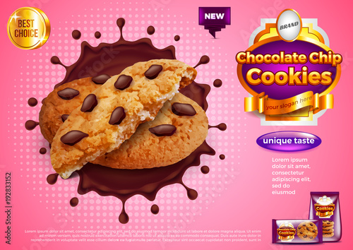 Cookies in chocolate splash ads vector background