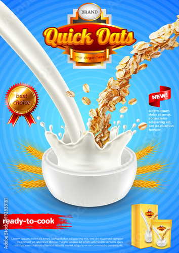 Oatmeal ads. Pouring milk and oats vertical background