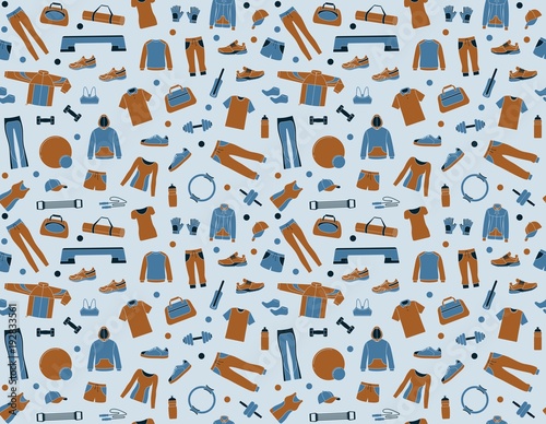 Seamless background with clothes and accessories for fitness