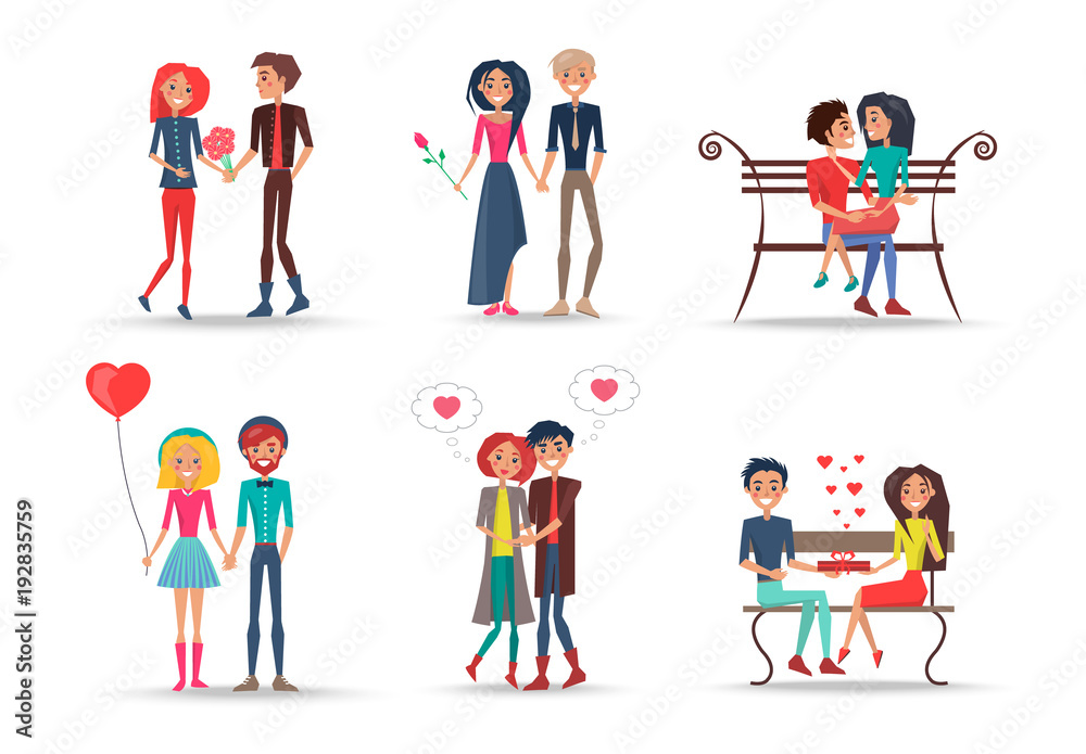 Set of Smiling Couples in Love on White Background
