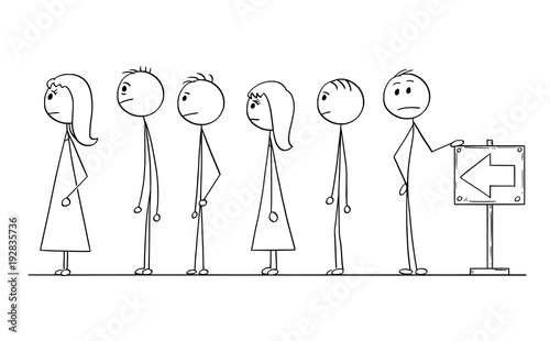 Cartoon stick man drawing conceptual illustration of group of people waiting in line or queue. Concept of stress and powerlessness. photo