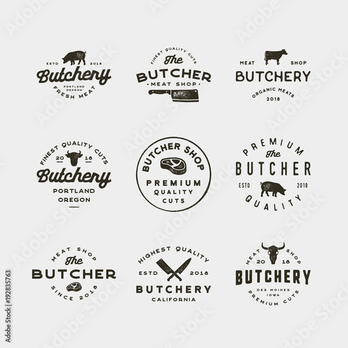 set of vintage butchery logos. retro styled meat shop emblems. vector illustration