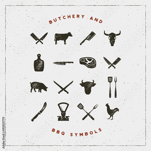 set of butchery and barbecue symbols with letterpress effect. vector illustration photo