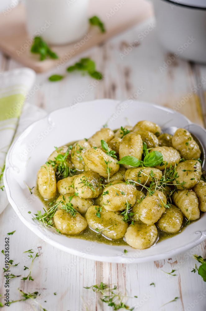 Pesto gnocchi, garlic and fresh herbs olive oil Pesto gnocchi, garlic and fresh herbs olive oil
