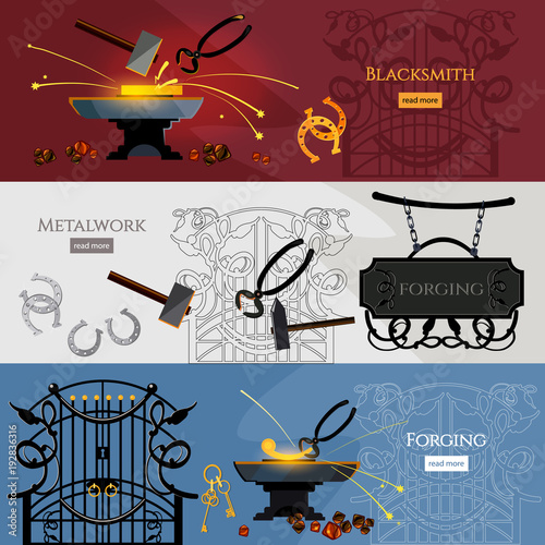 Blacksmith hammer and anvil, work in a smithy. Professional smith banner. Forging on gland, creation of iron fencings and fences. Iron works concept