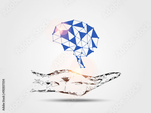 Human brain on hand represents thinking of new idea. Concept of technology and innovation. Vector illustration.