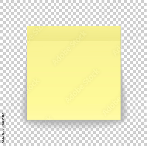 Post note paper sheet or sticky sticker with shadow isolated on a transparent background. Vector yellow post office memo or remember notepaper for your design.