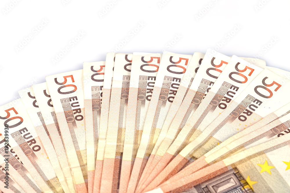 Fifty euro banknotes spread out in a fan shape Fifty euro banknotes spread out in a fan shape