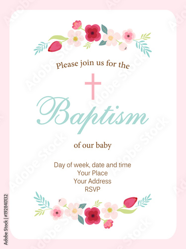 Cute vintage Baptism invitation card with hand drawn flowers
