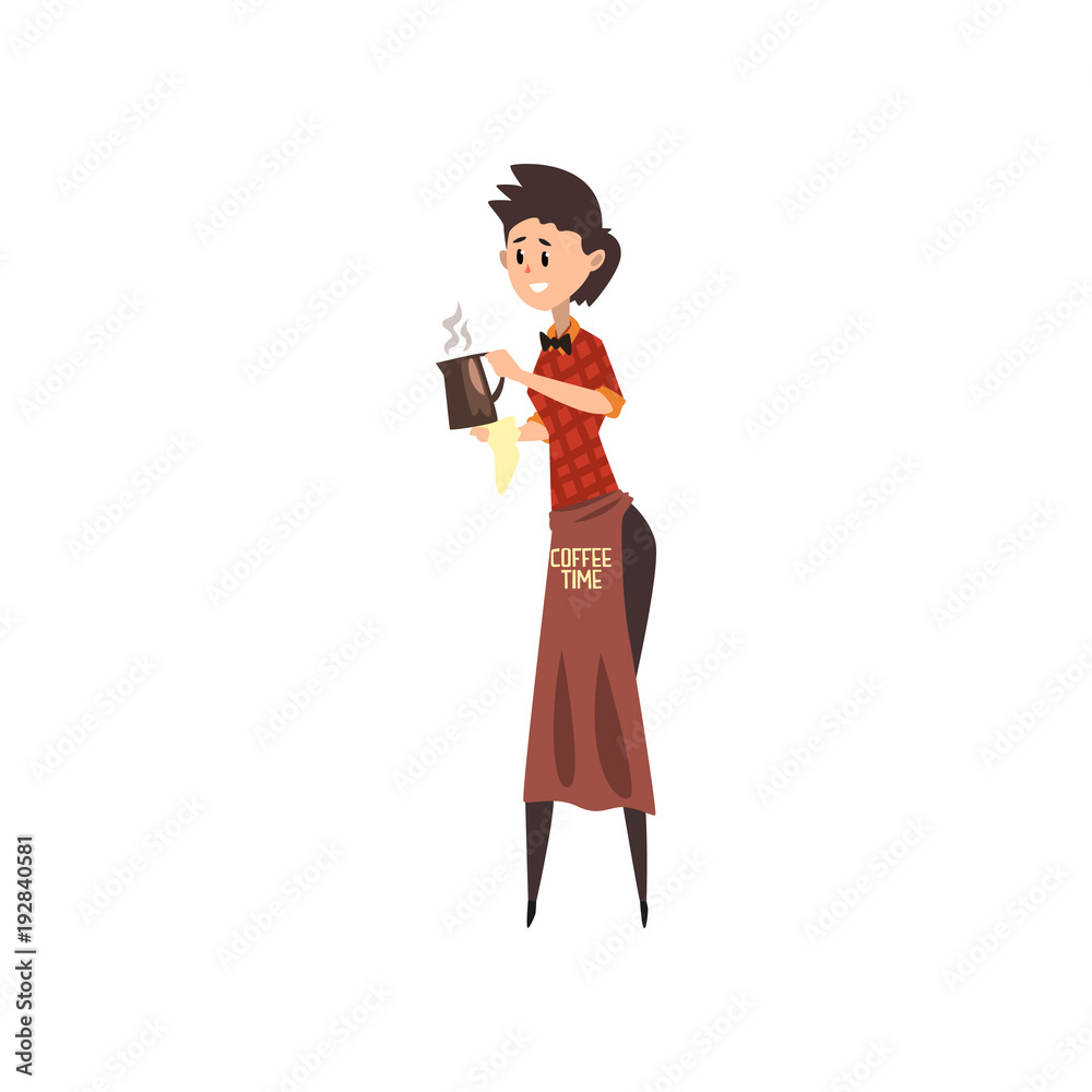 Friendly female barista with brown apron holding coffeepot, coffee shop cartoon vector Illustration on a white background Friendly female barista with brown apron holding coffeepot, coffee shop cartoon vector Illustration on a white background