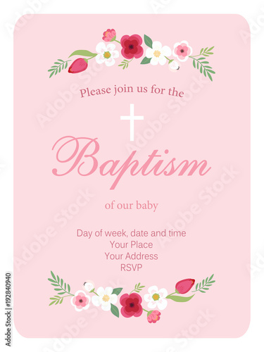 Cute vintage Baptism invitation card with hand drawn flowers
