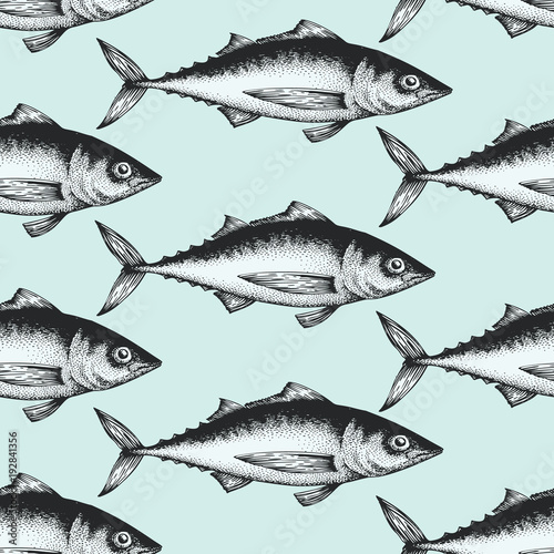 Hand drawn sketch seafood background. Vector seamless pattern with fish. Vintage tuna illustration. Can be use for menu or packaging design. Engraved style. Retro salmon illustration.