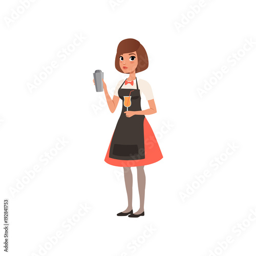 Beautiful young woman bartender holding a tray with alcohol drink, barman character mixing a cocktail drink in shaker cartoon vector Illustration on a white background