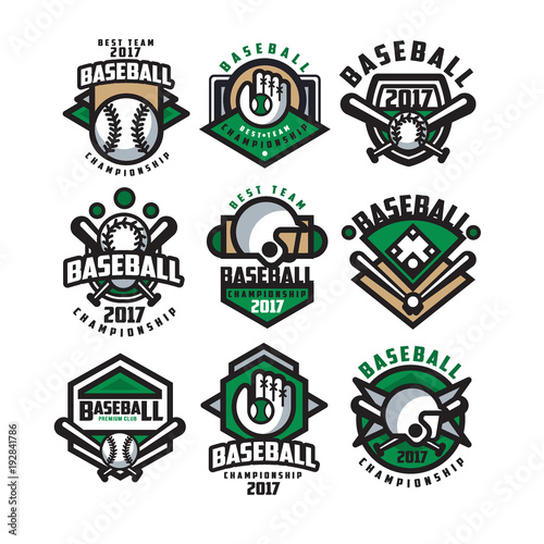 Collection of colorful baseball logos. Labels with balls, gloves, bats and protective helmets. Linear sports emblems. Flat vector design for team badge