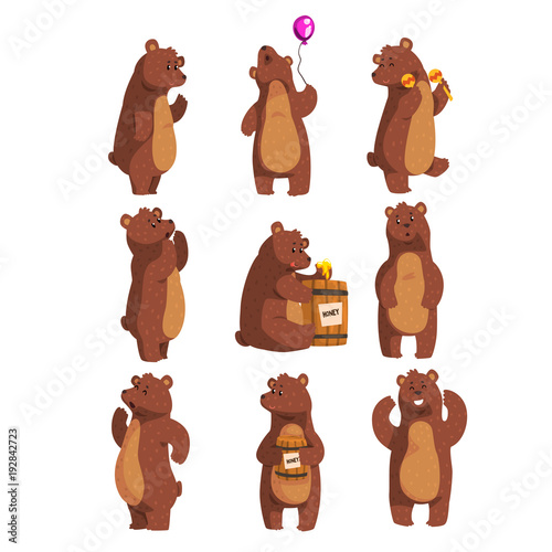 Set with funny bear. Forest animal waving by paw, holding balloon, dancing, howling, calling someone, eating honey from wooden barrel, smiling. Flat vector design