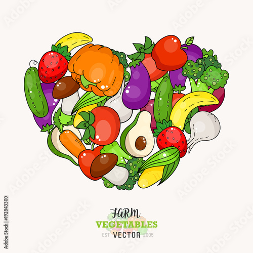 Cartoon vegetable and fruit heart cover. Market food sticker. Broccoli, pumpkin, eggplant. Banana, apple.
