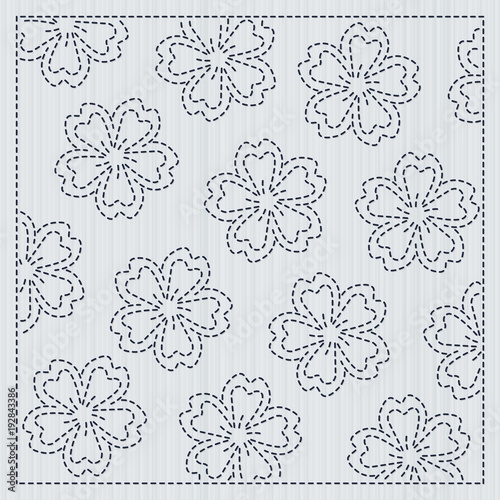 Japanese needlework. Sakura flowers. Sashiko frame for handiwork. Spring cherry backdrop. Floral background. Quilting motif. Pattern fills. For decoration or printing on fabric.
