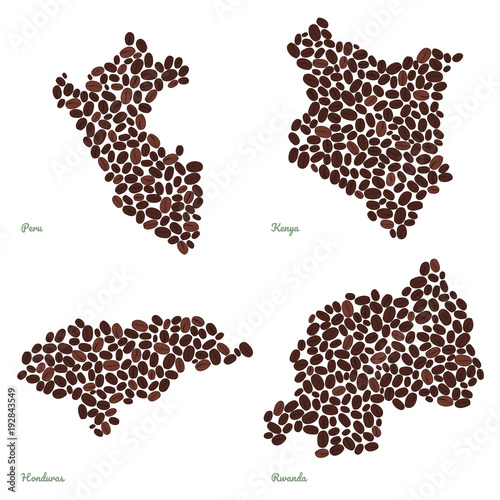 Country maps made out of coffee beans. Vegetarian illustration. Four maps set. Largest Coffee Producing Countries. For illustrators, decoration or infographics.