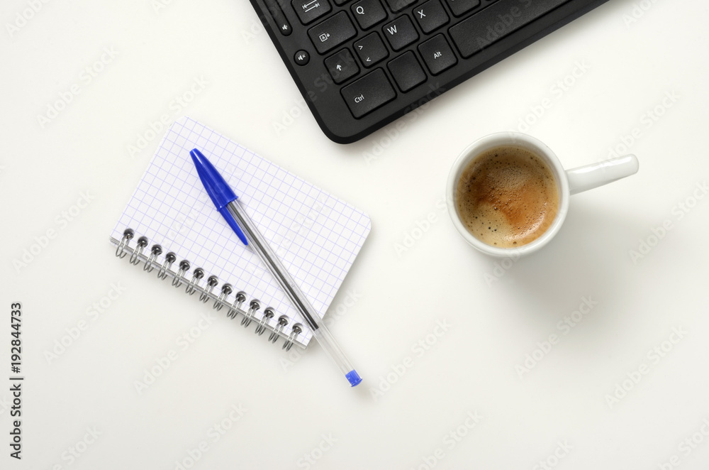 Computer keyboard, notebook, coffee on office desk, Computer keyboard, notebook, coffee on office desk,