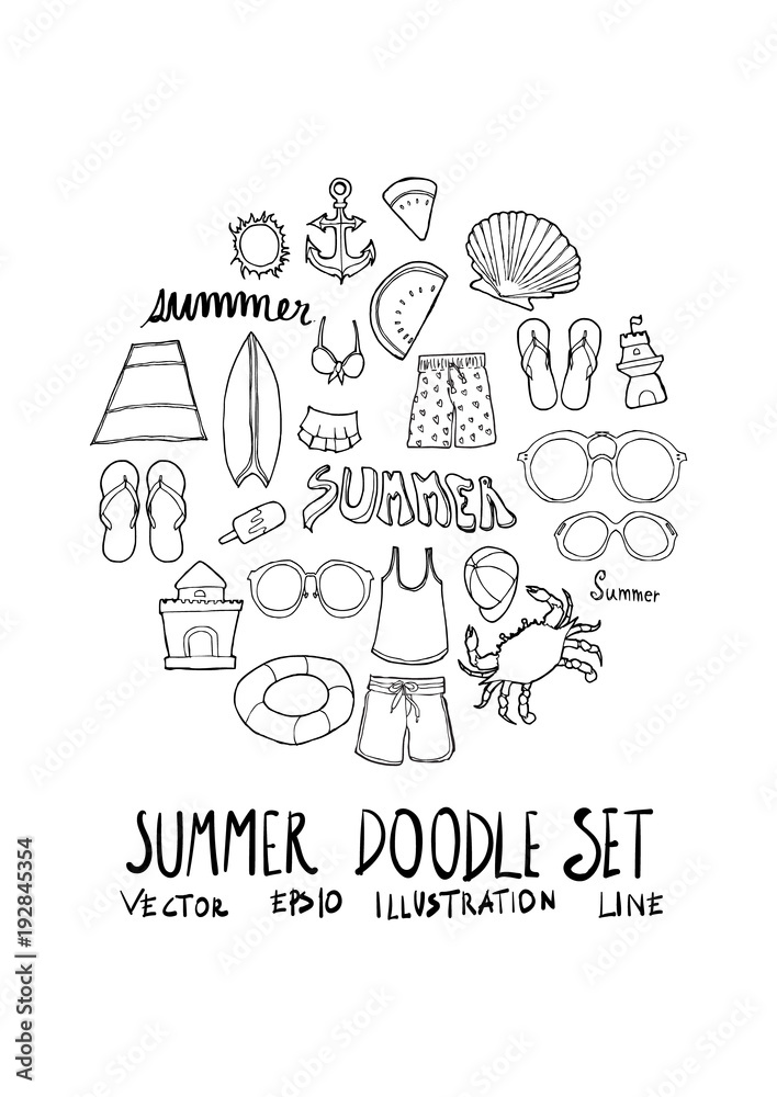 Summer doodle illustration circle form wallpaper background line sketch style set eps10