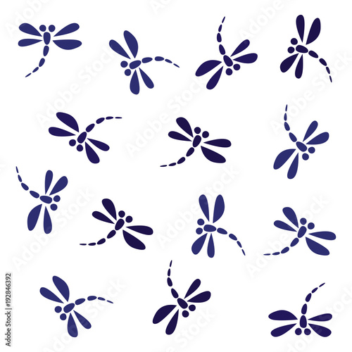 Dragonfly seamless pattern vector. Blue dragonflies on white background.